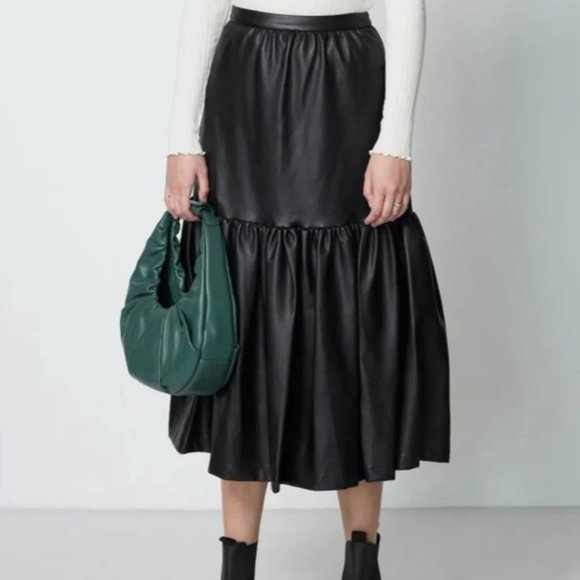 Staud NWT Orchid Vegan Leather Midi Skirt 6 black